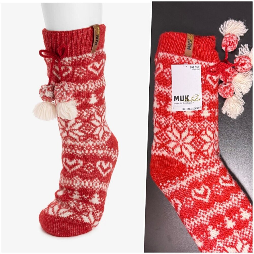 MUK LUKS  Red Snowflakes Tall Holiday Non- Skid House Socks Slippers